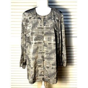 John Roberts Womens Petite L Sage Green Jacquard Leaf Button Tunic Lagenlook Art